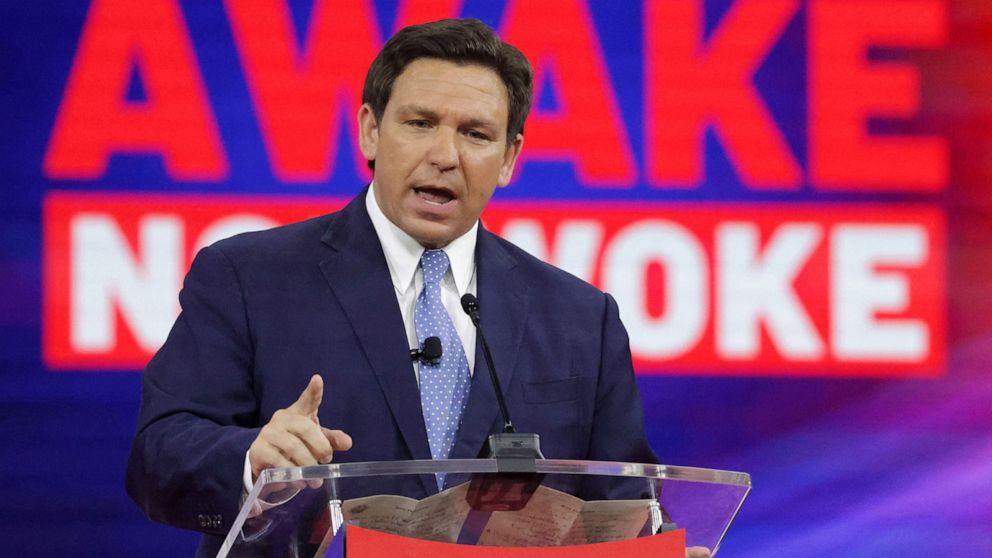 PHOTO: In this Feb. 24, 2022, file photo, Florida Governor Ron DeSantis delivers remarks at the 2022 CPAC conference in Orlando, Fla.