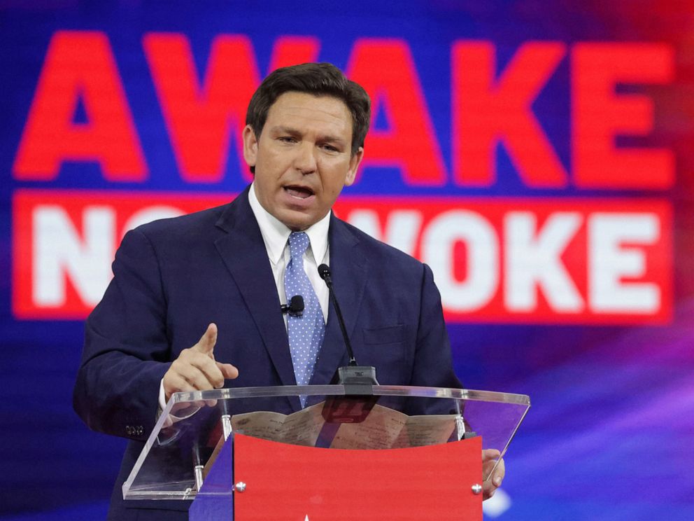 PHOTO: In this Feb. 24, 2022, file photo, Florida Governor Ron DeSantis delivers remarks at the 2022 CPAC conference in Orlando, Fla.