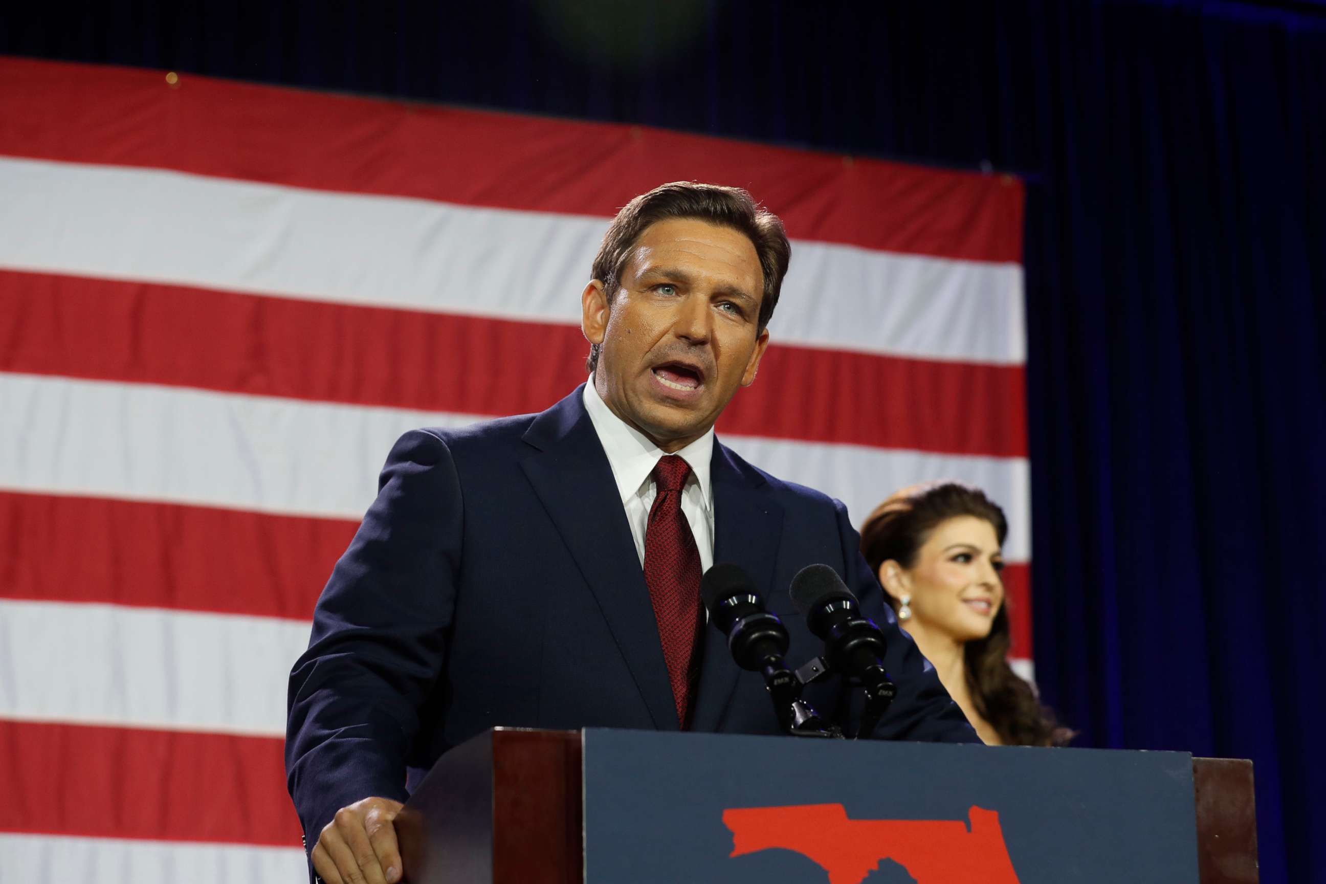 PHOTO: Florida Gov. Ron DeSantis gives a victory speech during his election night watch party at the Tampa Convention Center on Nov. 8, 2022, in Tampa, Fla.