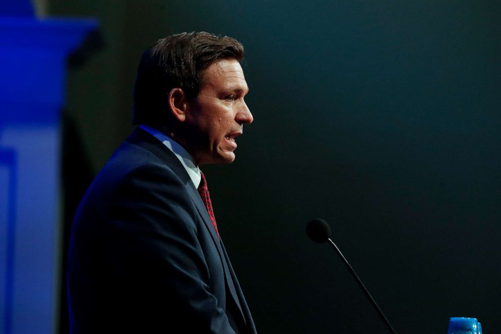 PHOTO: Florida Gov. Ron DeSantis speaks at an event, April 6, 2023, in Hillsdale, Mich.