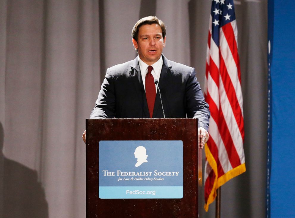 PHOTO: Florida Governor Ron DeSantis gives remarks during the banquet program at the Federalist Society Sixth Annual Florida Chapters Conference held at Disney's Yacht and Beach Club Resorts in Lake Buena Vista, Fla., Jan. 31, 2020.