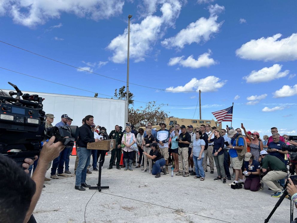 PHOTO: Governor Ron DeSantis holds a press conference in Matlacha, Fla.