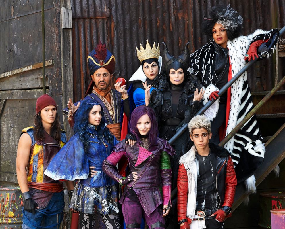PHOTO: This image from the Disney Channel shows stars of "Descendants" stars Booboo Stewart, foreground from left, Sofia Carson, Dove Cameron, Cameron Boyce, and background from left, Maz Jobrani, Kathy Najimy, Kristin Chenoweth and Wendy Raquel Robinson.