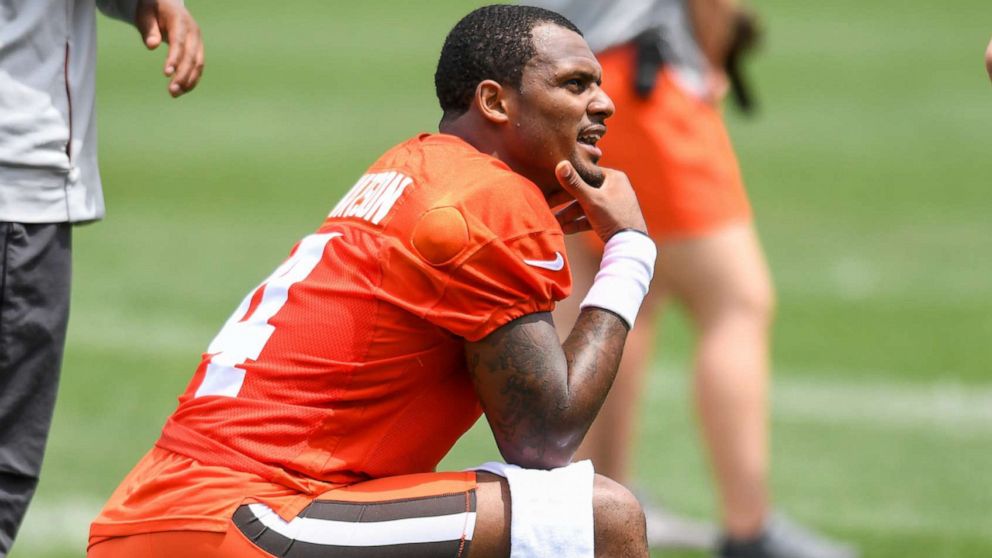 PHOTO: Deshaun Watson of the Cleveland Browns looks on during the Cleveland Browns offseason workout in Berea, Ohio, June 8, 2022.