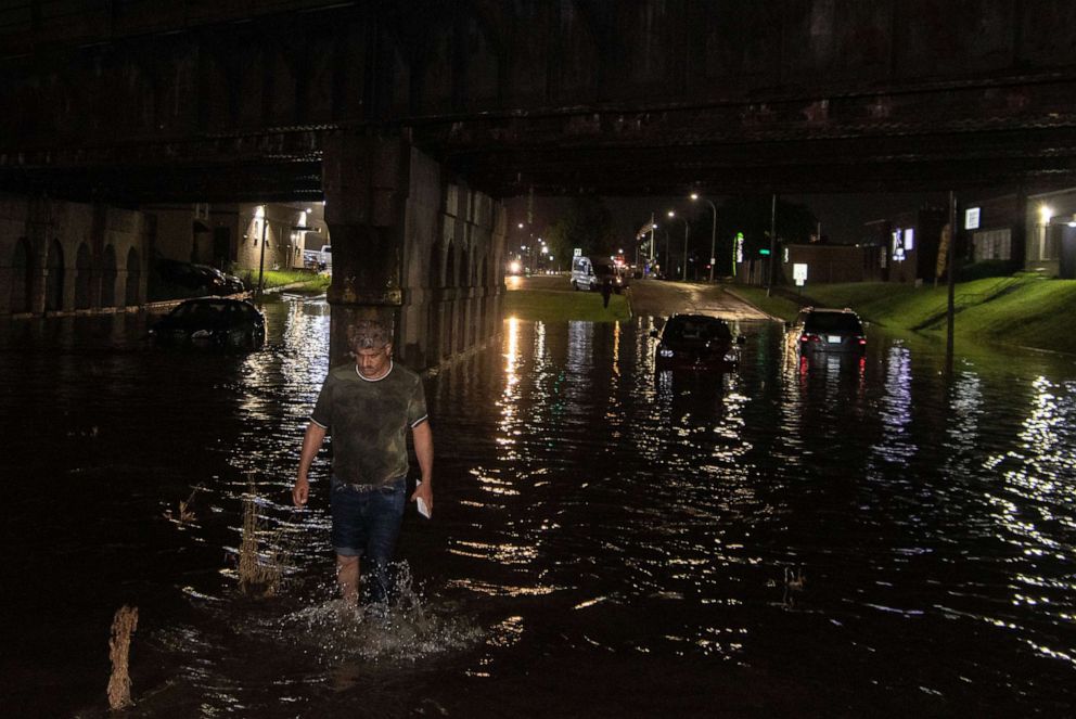 PHOTO: A severe thunderstorm hit Dearborn, Mich., causing significant flooding on Ford Road and other streets where some motorists who braved the waters were forced to abandon their vehicles, July 24, 2021.
