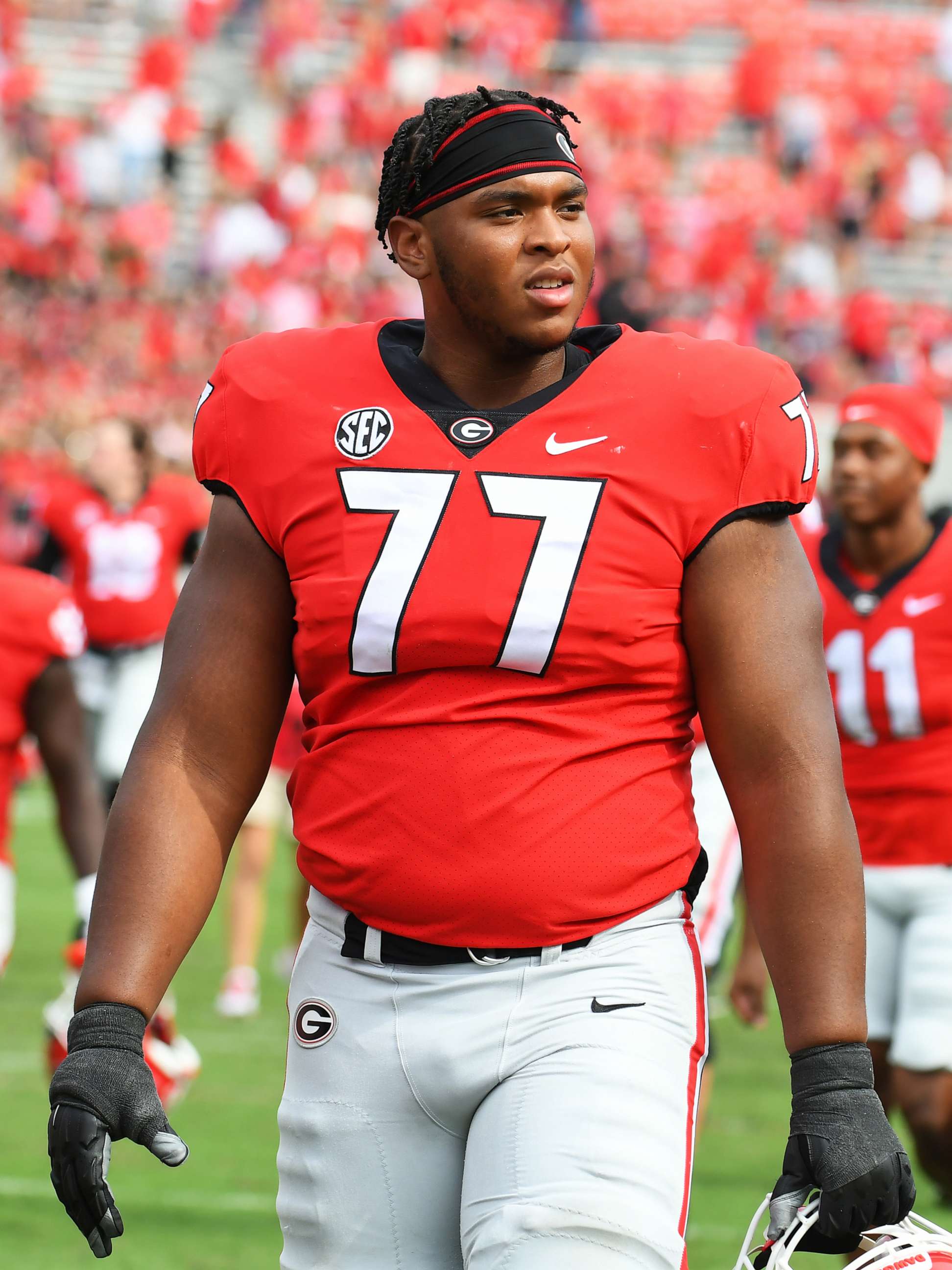 PHOTO: Georgia Bulldogs Offensive Linemen Devin Willock (77) after the college football game between the Arkansas Razorbacks and the Georgia Bulldogs on Oct. 02, 2021, at Sanford Stadium in Athens, Ga.