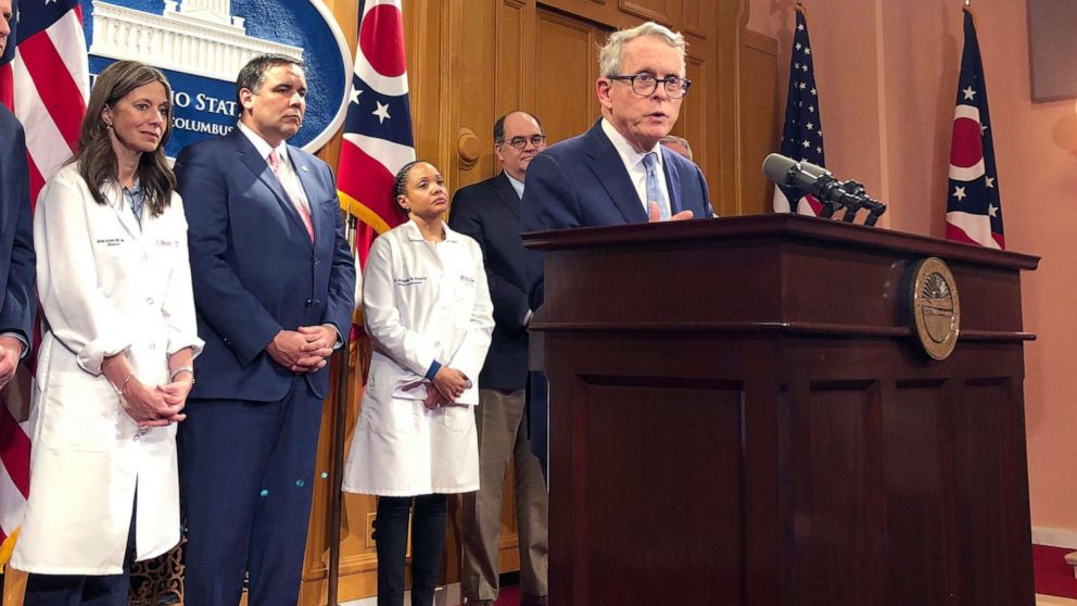 PHOTO: Ohio Gov. Mike DeWine speaks at a news conference at the statehouse in Columbus, Ohio, March 3, 2020, to announce impacts on the Arnold Sports Festival of the coronavirus.