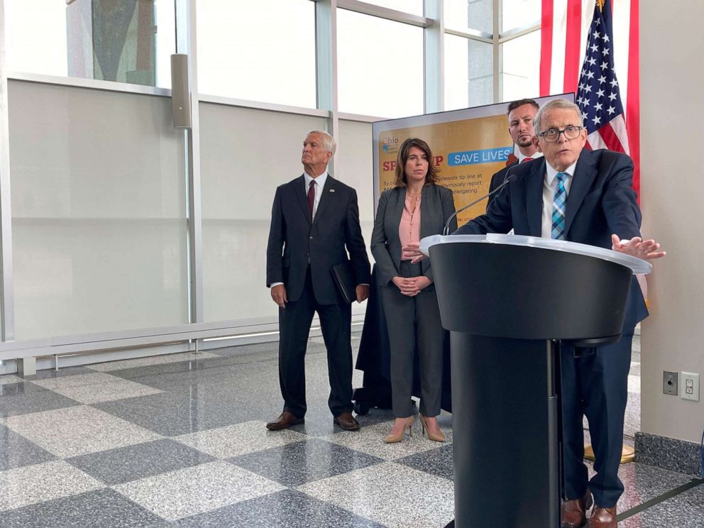 PHOTO: Ohio Gov. Mike DeWine discusses a law that gives school districts the option of arming trained school employees, on Monday, June 13, 2022, in Columbus, Ohio.