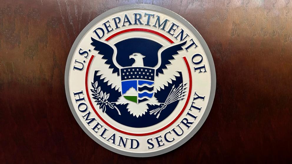 PHOTO: A Department of Homeland Security seal on a podium at Immigration and Customs Enforcement (ICE) headquarters, Mar. 13, 2024.