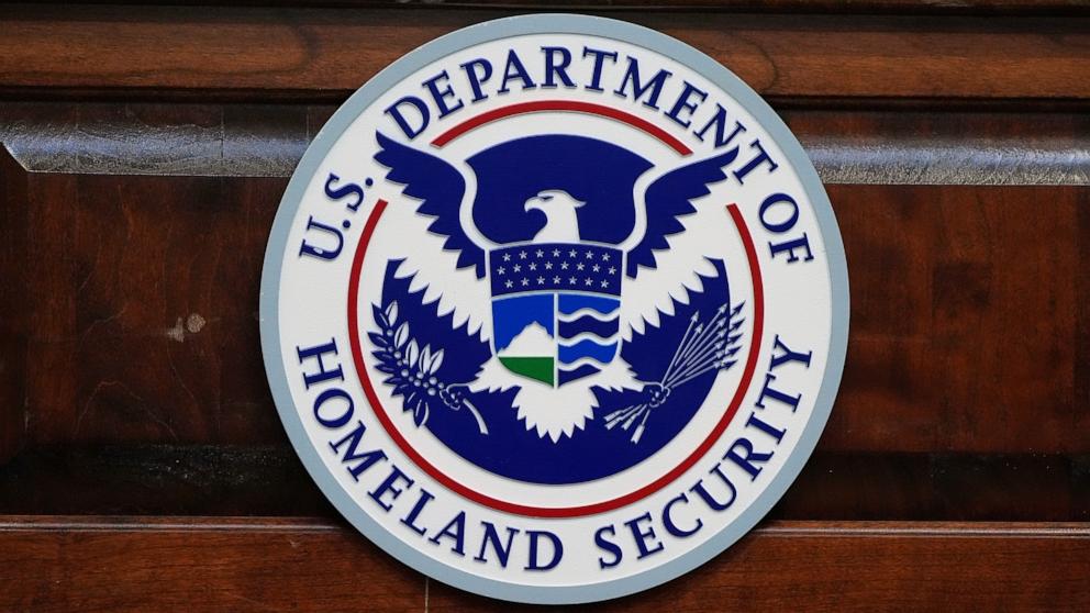 PHOTO: The Department of Homeland Security seal is pictured as Homeland Security Secretary Kristi Noem tours U.S. Coast Guard Air Station Kodiak, Mar. 17, 2025, in Kodiak, Alaska.