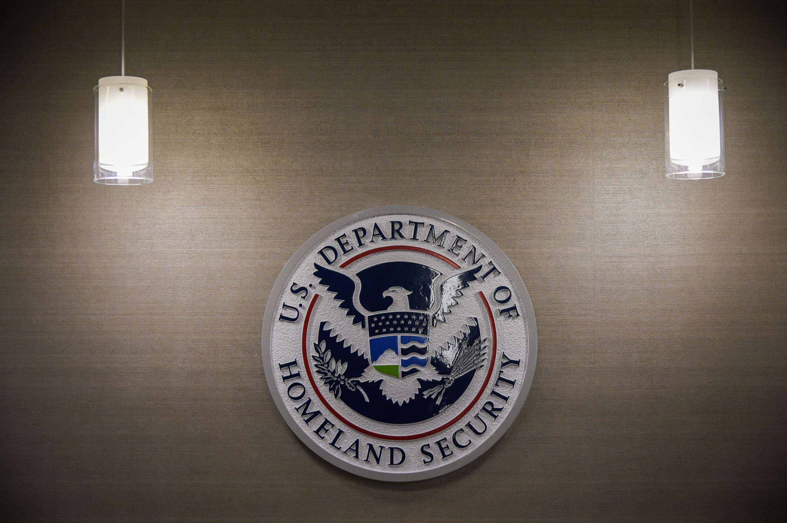 PHOTO: U.S. Department of Homeland Security logo is seen at the U.S. Immigration and Customs Enforcement headquarters, May 11, 2017, in Washington, DC.