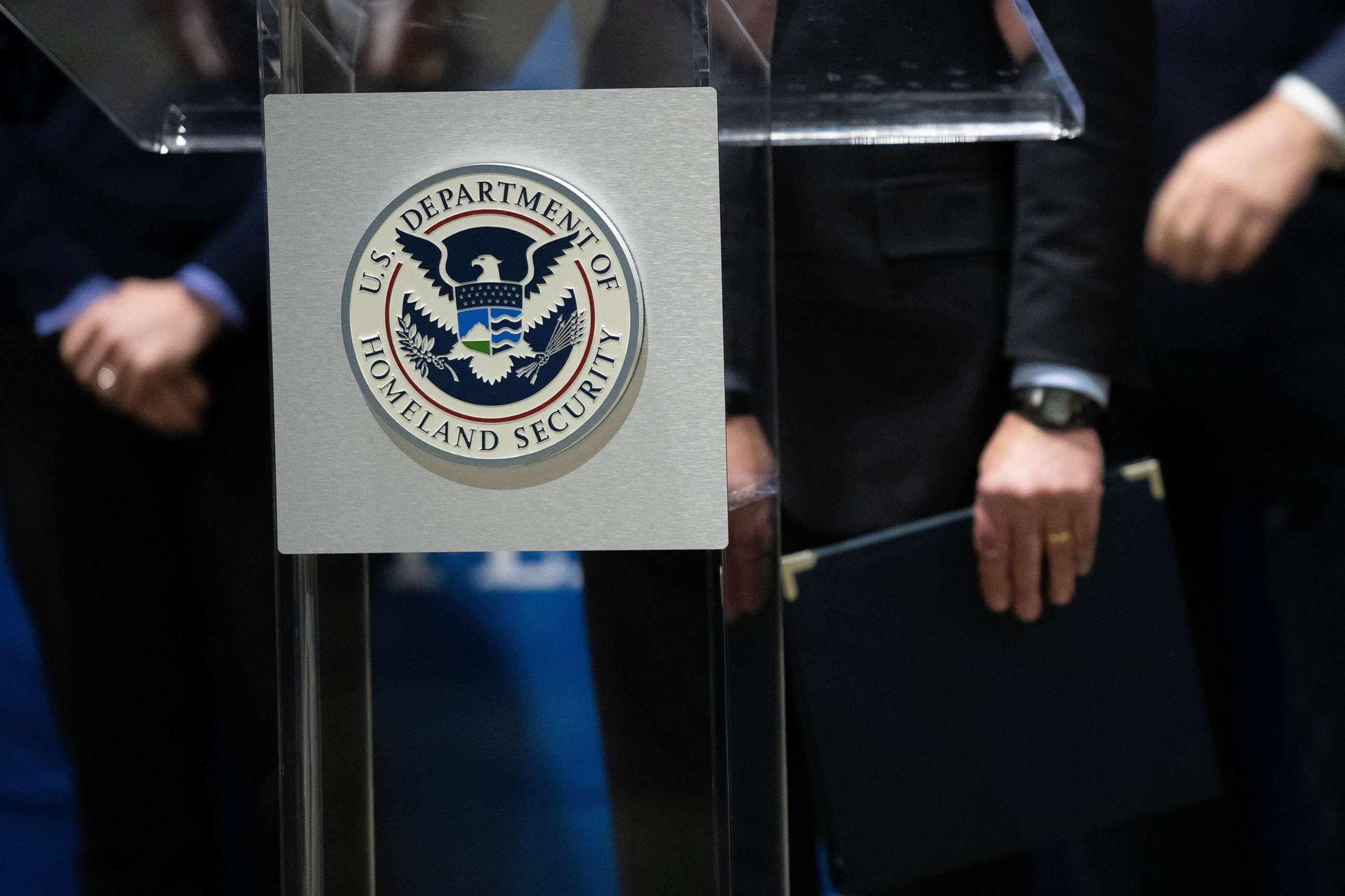 PHOTO: The U.S. Department of Homeland Security seal is seen as DHS Secretary Alejandro Mayorkas delivers remarks while visiting a FEMA community vaccination center, March 2, 2021, in Philadelphia.
