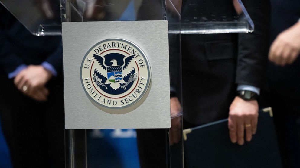 PHOTO: The U.S. Department of Homeland Security seal is seen as DHS Secretary Alejandro Mayorkas delivers remarks while visiting a FEMA community vaccination center, March 2, 2021, in Philadelphia.