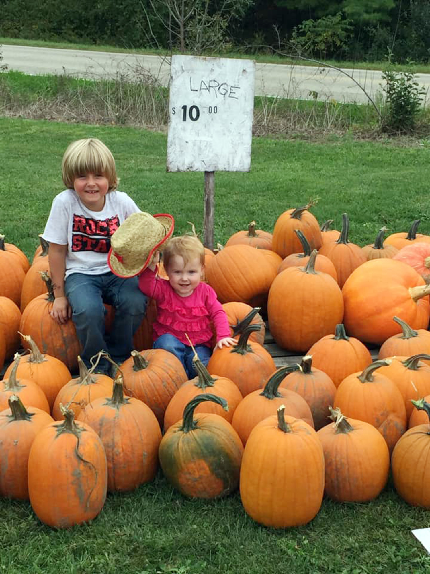 PHOTO: 6-year-old Ian Christensen who suffers from type 1 diabetes poses for a photo with his younger sister while selling pumpkins outside his home in Sand Lake, Mich., in hopes of raising money to buy an alert dog that can help him with his disease.