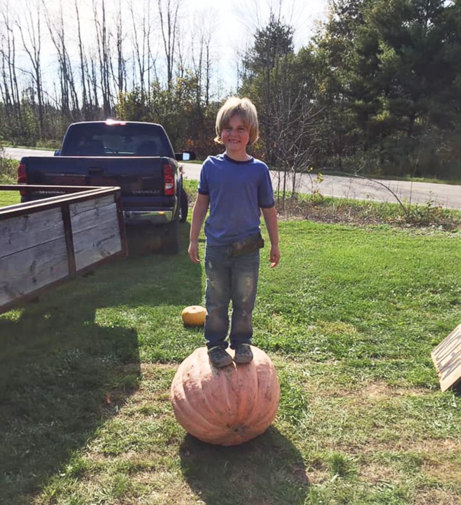 PHOTO: Ian Christensen, age 6, with type 1 diabetes, sells pumpkins in front of his home in Sand Lake, Michigan, hoping to raise enough money to buy an alert dog that can Help him fight his illness.