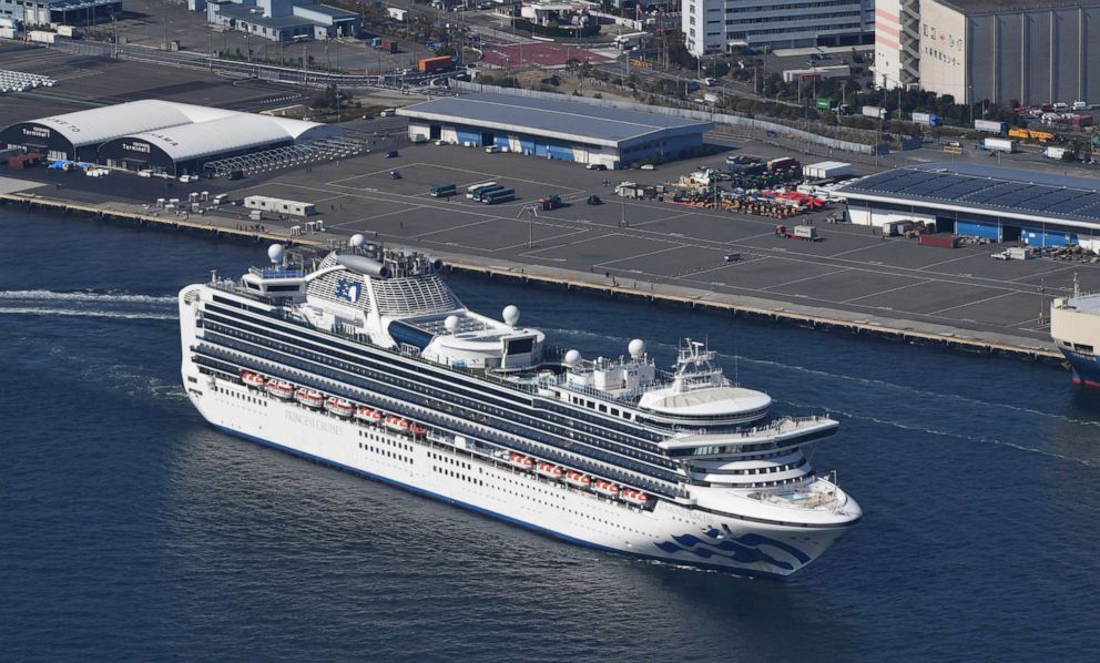 PHOTO: In this March 25, 2020, file photo, a Diamond Princess cruise ship leaves Daikoku Futo Wharf in Yokohama, Kanagawa Prefecture, Japan after being disinfected amid the outbreak of Covid-19.