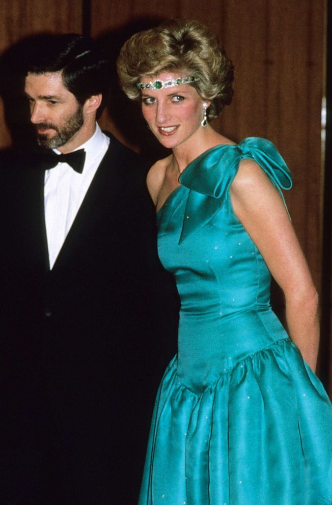 PHOTO: FILE - Diana, Princess of Wales, wearing a green satin evening dress designed by David and Elizabeth Emanuel and an emerald necklace as a headband, attend a gala dinner dance at the Southern Cross Hotel, Oct. 31, 1985 in Melbourne, Australia.