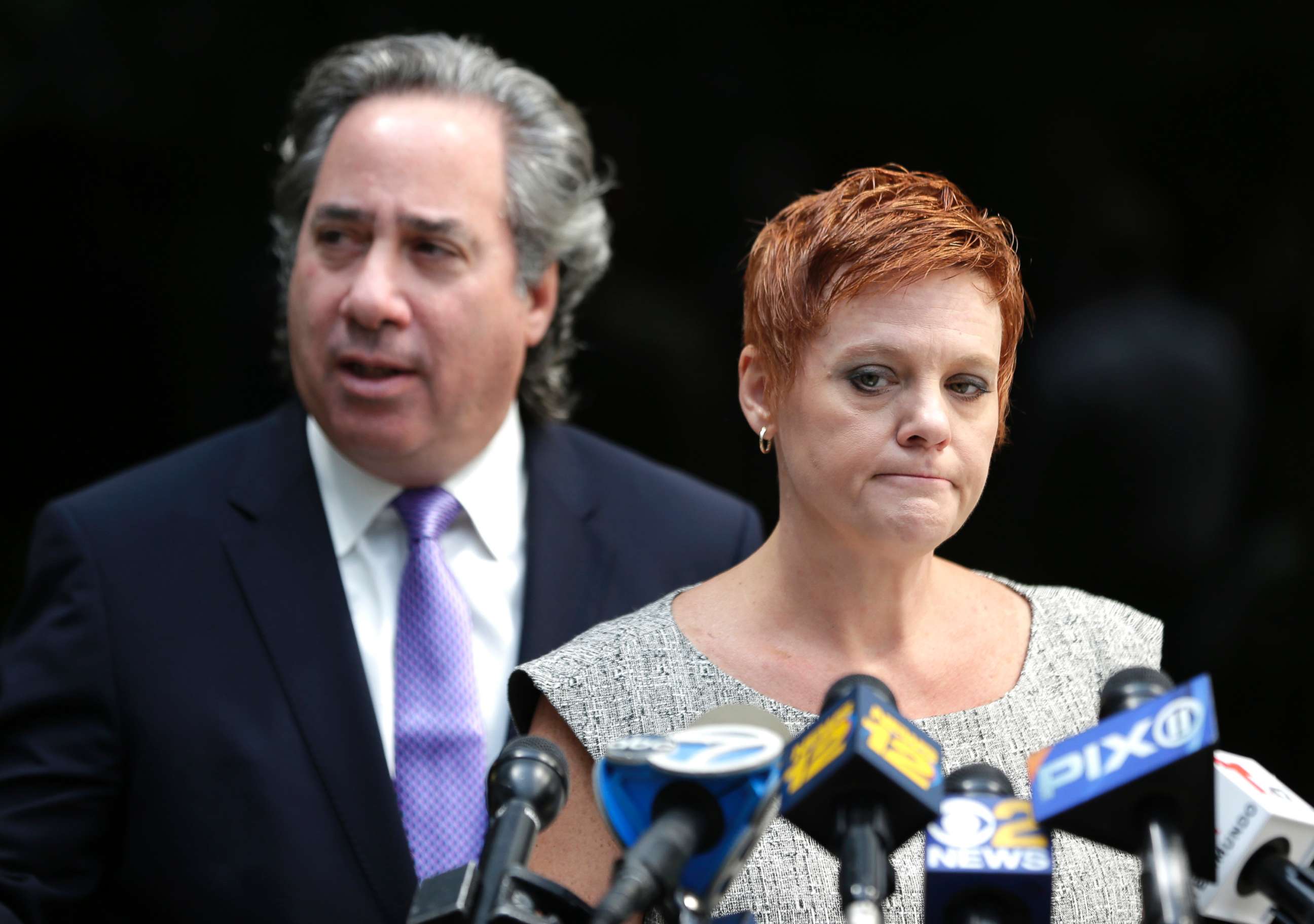 PHOTO: Dianne Grossman, mother of Mallory Grossman, speaks to reporters while her attorney Bruce Nagel looks on during a news conference in Roseland, N.J., Aug. 1, 2017. 