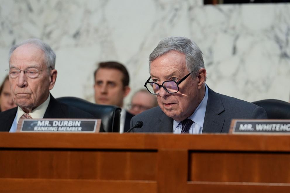 PHOTO: Sen. Dick Durbin questions Pam Bondi, President-elect Donald Trump's choice to lead the Justice Department as attorney general, during her confirmation hearing, at the Capitol in Washington, Jan. 15, 2025.