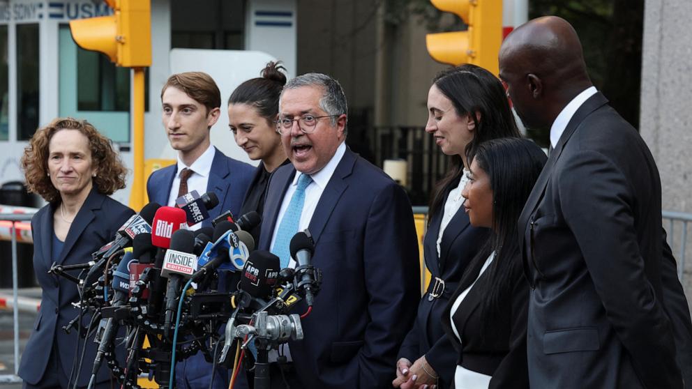 PHOTO: Marc Agnifilo, attorney for Sean "Diddy" Combs, addresses the media after the jury reached verdicts in the Sean "Diddy" Combs sex trafficking and racketeering conspiracy trial, in New York, July 2, 2025.