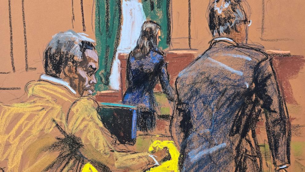 PHOTO: Sean "Diddy" Combs takes notes during the morning arguments in his sex trafficking trial in New York City, May 15, 2025, in this courtroom sketch. 