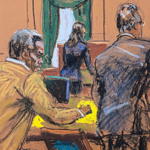 Sean "Diddy" Combs takes notes during the morning arguments in his sex trafficking trial in New York City, May 15, 2025, in this courtroom sketch. 