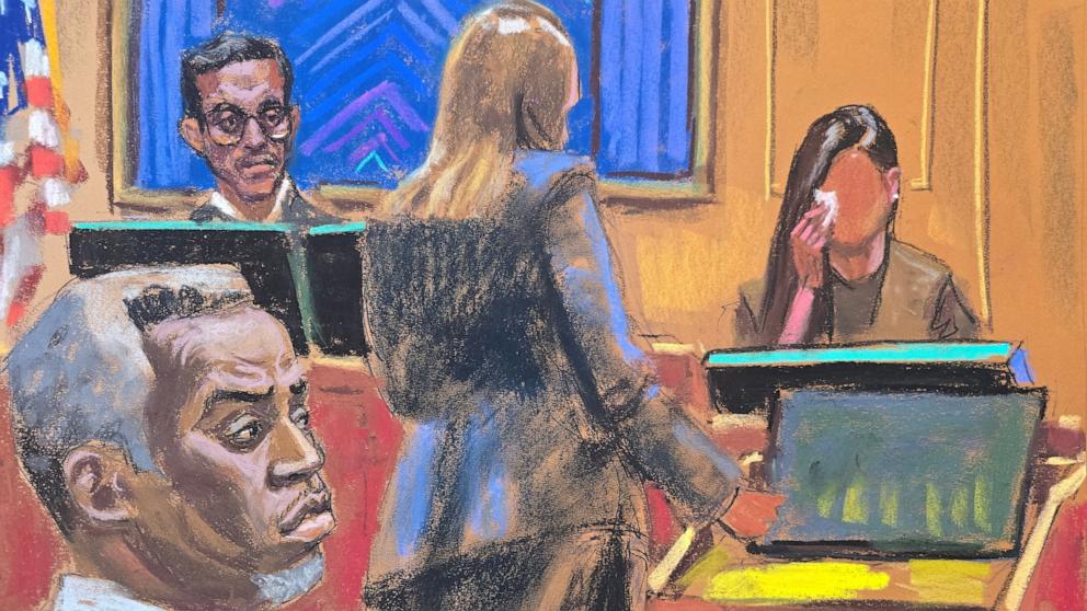PHOTO: Sean "Diddy" Combs watches as Maurene Comey questions "Jane Doe" during Combs' sex trafficking trial in New York City, June 5, 2025 in this courtroom sketch.