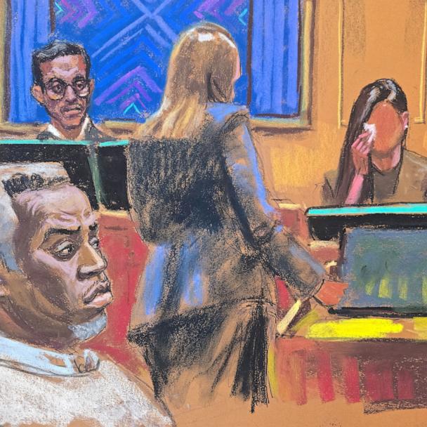 Sean "Diddy" Combs watches as Maurene Comey questions "Jane" during Combs' sex trafficking trial in New York City, June 5, 2025 in this courtroom sketch. 