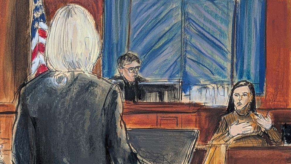 PHOTO: Witness Cassie Ventura answers questions from assistant US Attorney Emily Johnson, left, with Judge Arun Subramanian presiding in Manhattan federal court, May 13, 2025, in New York City.