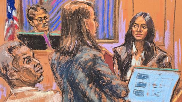 Lawyer Anna Estevao cross examines Casandra "Cassie" Ventura as Judge Arun Subramanian presides during Sean "Diddy" Combs' sex trafficking trial in New York City, May 16, 2025 in this courtroom sketch.
