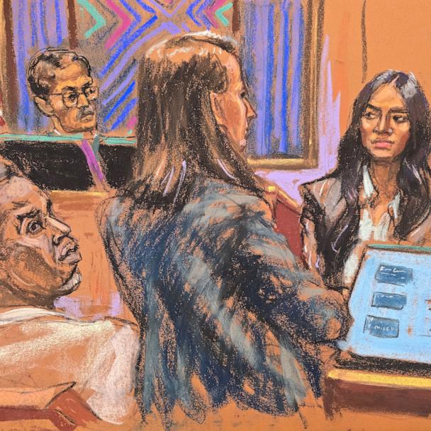 Lawyer Anna Estevao cross examines Casandra "Cassie" Ventura as Judge Arun Subramanian presides during Sean "Diddy" Combs' sex trafficking trial in New York City, May 16, 2025 in this courtroom sketch.