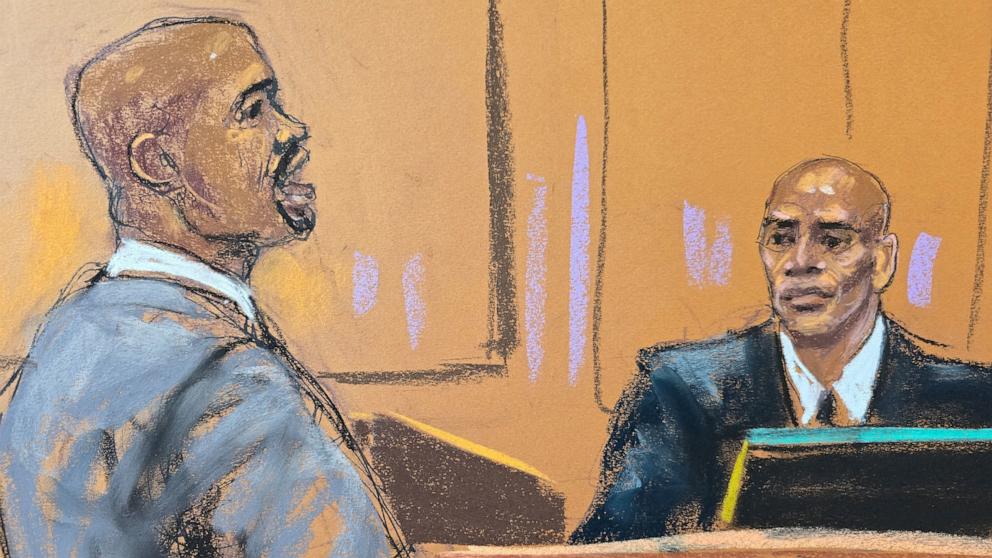 PHOTO: Defense attorney Xavier Donaldson cross examines male exotic dancer Sharay Hayes at Sean "Diddy" Combs' sex trafficking trial in New York City, May 20, 2025 in this courtroom sketch. 