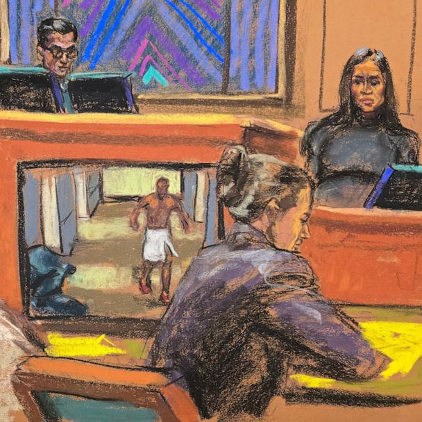 Sean "Diddy" Combs listens as his former girlfriend Casandra "Cassie" Ventura testifies at his sex trafficking trial in New York City, May 14, 2025 in this courtroom sketch. 