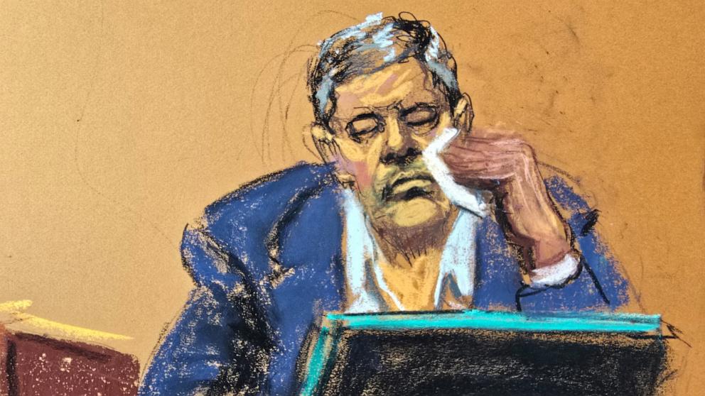 PHOTO: Sean "Diddy" Combs' assistant David James is questioned at Combs' sex trafficking trial in New York City, May 19, 2025 in this courtroom sketch.