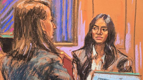 Casandra "Cassie" Ventura is cross examined by Lawyer Anna Estevao during Sean "Diddy" Combs' sex trafficking trial in New York City, May 16, 2025 in this courtroom sketch. 
