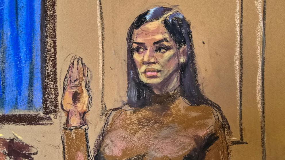 PHOTO: Sean "Diddy" Combs' former girlfriend Casandra "Cassie" Ventura is sworn in as a prosecution witness at his sex trafficking trial in New York City, May 13, 2025 in this courtroom sketch. 