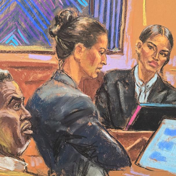 Lawyer Anna Estevao cross-examines Casandra "Cassie" Ventura during Sean "Diddy" Combs' sex trafficking trial in New York City, May 15, 2025, in this courtroom sketch.