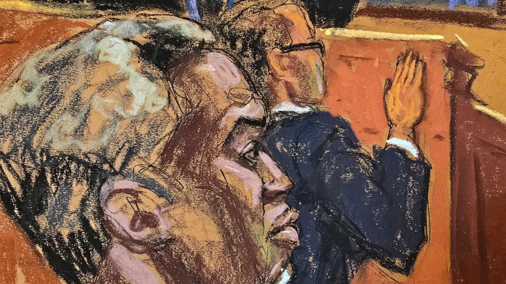 PHOTO: Sean "Diddy" Combs' watches as his former girlfriend Casandra "Cassie" Ventura is sworn in as a prosecution witness at his sex trafficking trial in New York City, May 13, 2025 in this courtroom sketch.