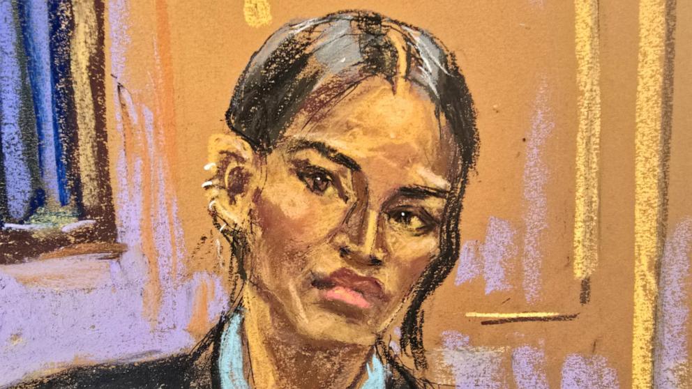 PHOTO: Casandra "Cassie" Ventura is cross-examined by lawyer Anna Estevao during Sean "Diddy" Combs' sex trafficking trial in New York City, May 15, 2025, in this courtroom sketch. 