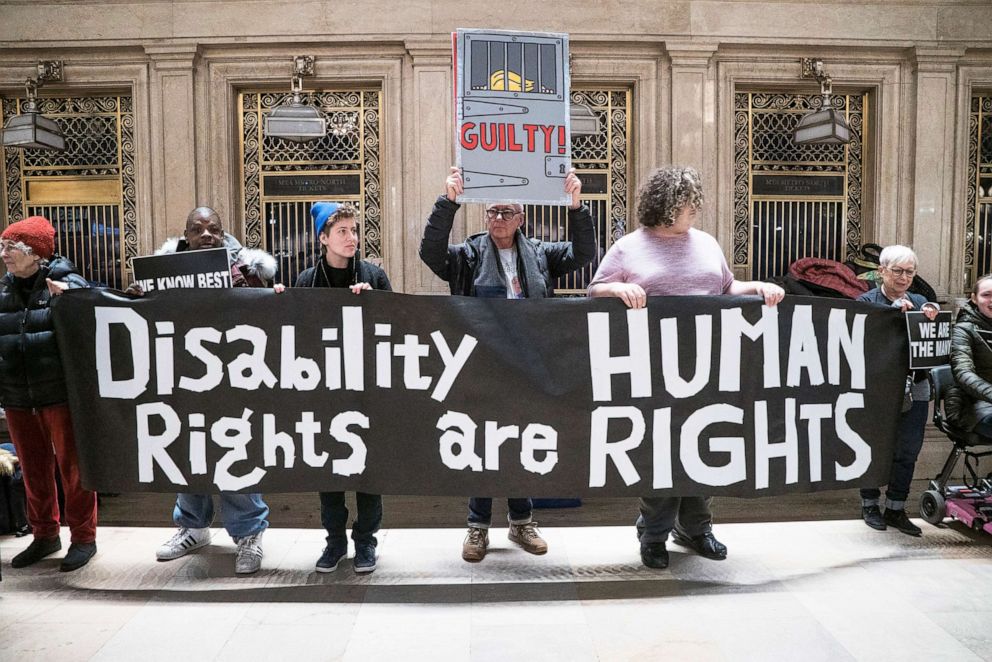 PHOTO: Demonstrators hold a banner that reads 'Disability Rights are Human Rights' during the Non-March For Disabled Women in New York, Jan. 19, 2019.