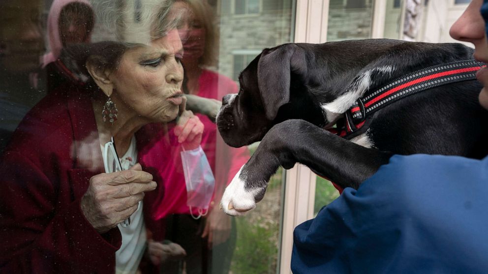 PHOTO:Peggy Knapp a resident at Havenwood Senior home gives her daughter's dog Lloyd a kiss through the window during a Mother's Day visit, May 10, 2020, in Minnetonka, Minn.
