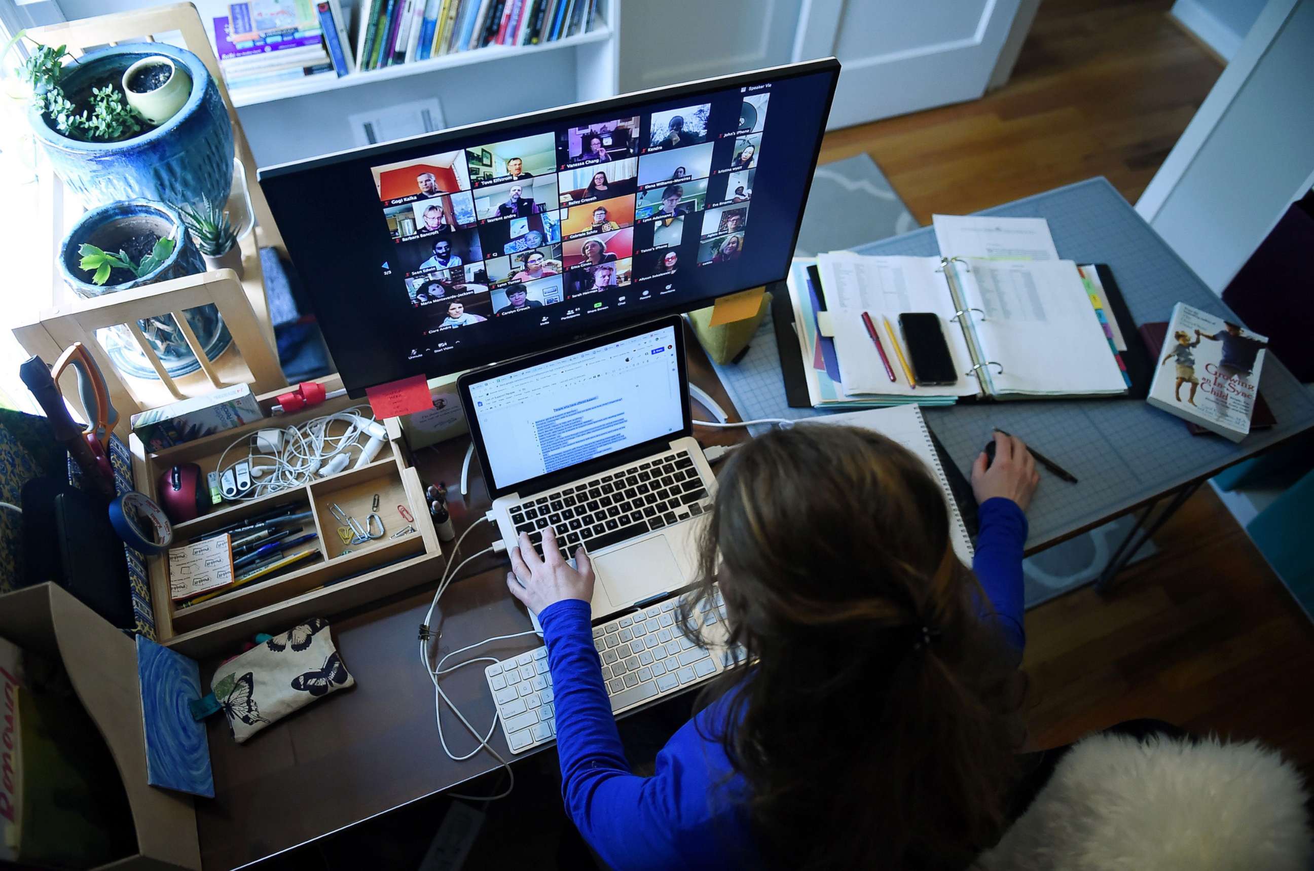 PHOTO: Lauryn Morley, a lower school substitute teacher for the Washington Waldorf School in Bethesda, Maryland, works from her home due to the coronavirus outbreak, on April 1, 2020 in Arlington, Via.