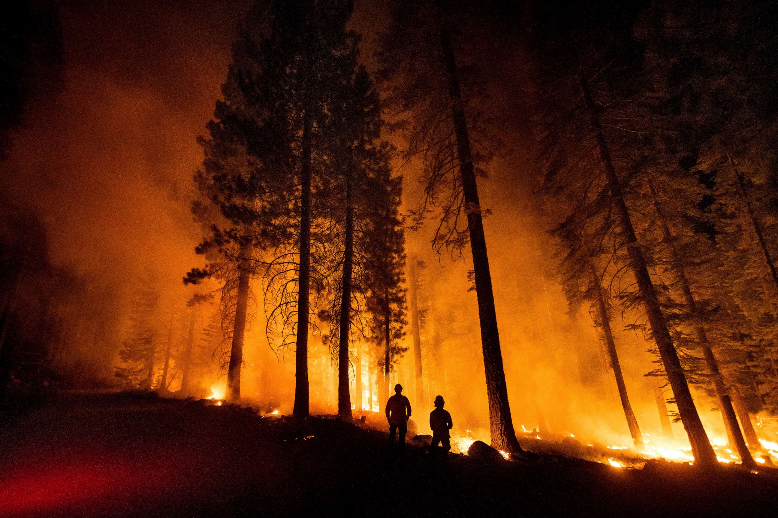 PHOTO: Cal Fire Capts. Derek Leong and Tristan Gale monitor a firing operation, where crews set a ground fire to stop a wildfire from spreading, while battling the Dixie Fire in Lassen National Forest, Calif., July 26, 2021. 