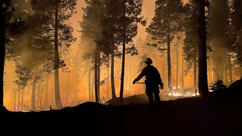 PHOTO: Firefighters battle the Dixie Fire, which has burned nearly a quarter-million acres, Aug 3, 2021.