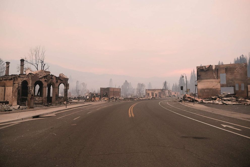 PHOTO: The ruins of buildings situated along Highway 89 are seen on Aug. 8, 2021, in Greenville, Calif.