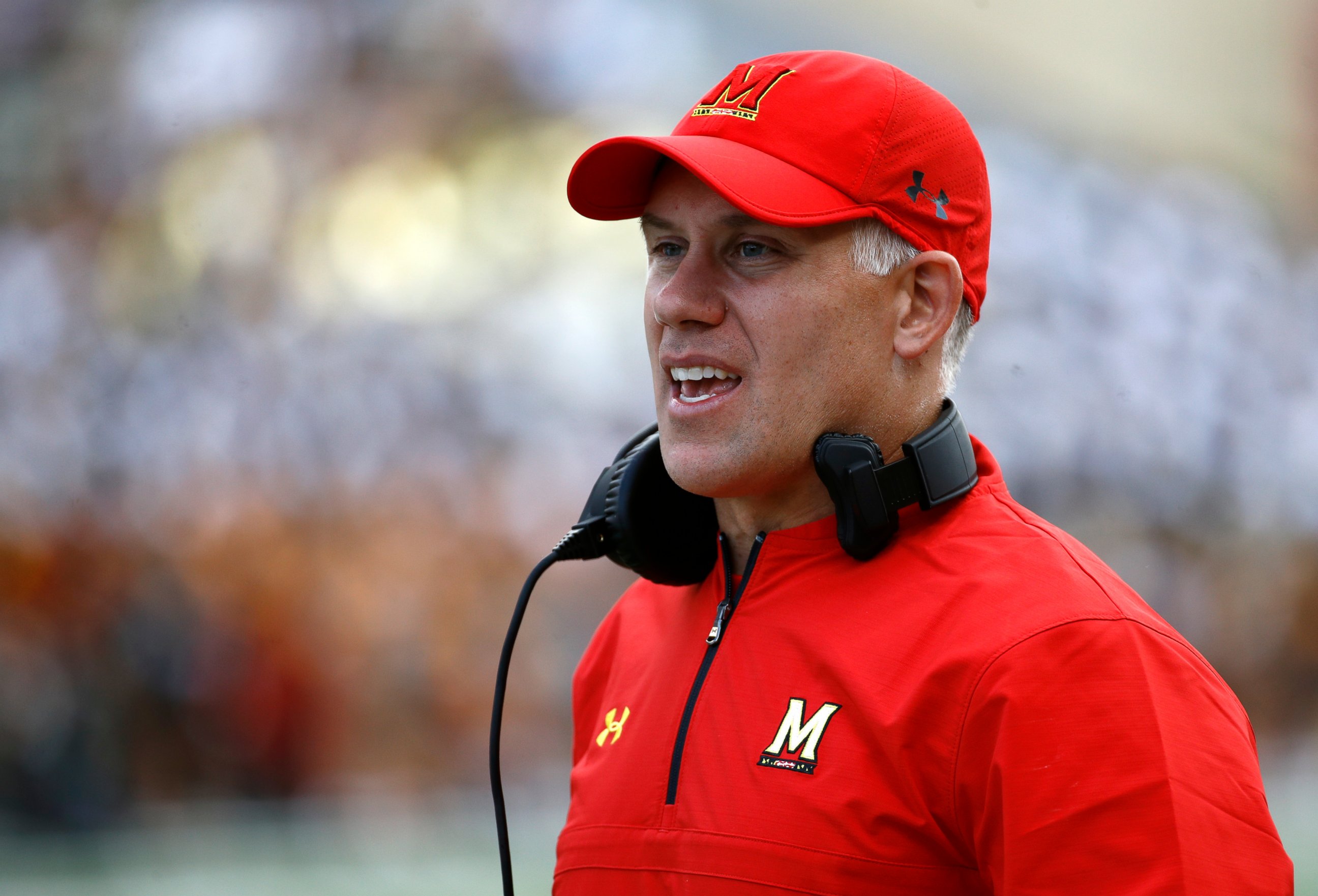 PHOTO: Maryland head coach DJ Durkin stands on the sideline during an NCAA college football game against Towson in College Park, Md.