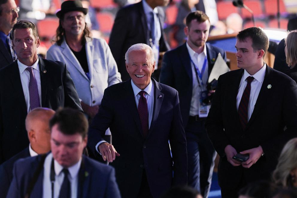 PHOTO: President Joe Biden does a stage check before the start of the first day of the Democratic National Convention, in Chicago, Aug. 19, 2024.