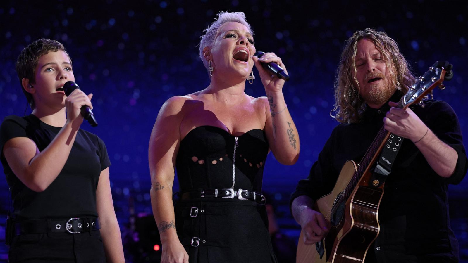 PHOTO: Pink accompanied by her daughter Willow performs on Day 4 of the Democratic National Convention in Chicago, Aug. 22, 2024.