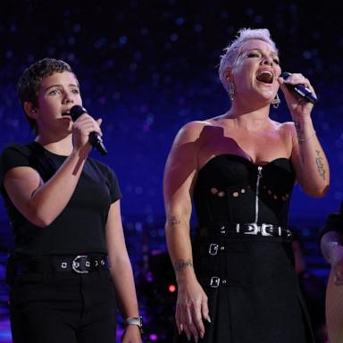 PHOTO: Pink accompanied by her daughter Willow performs on Day 4 of the Democratic National Convention in Chicago, Aug. 22, 2024. 