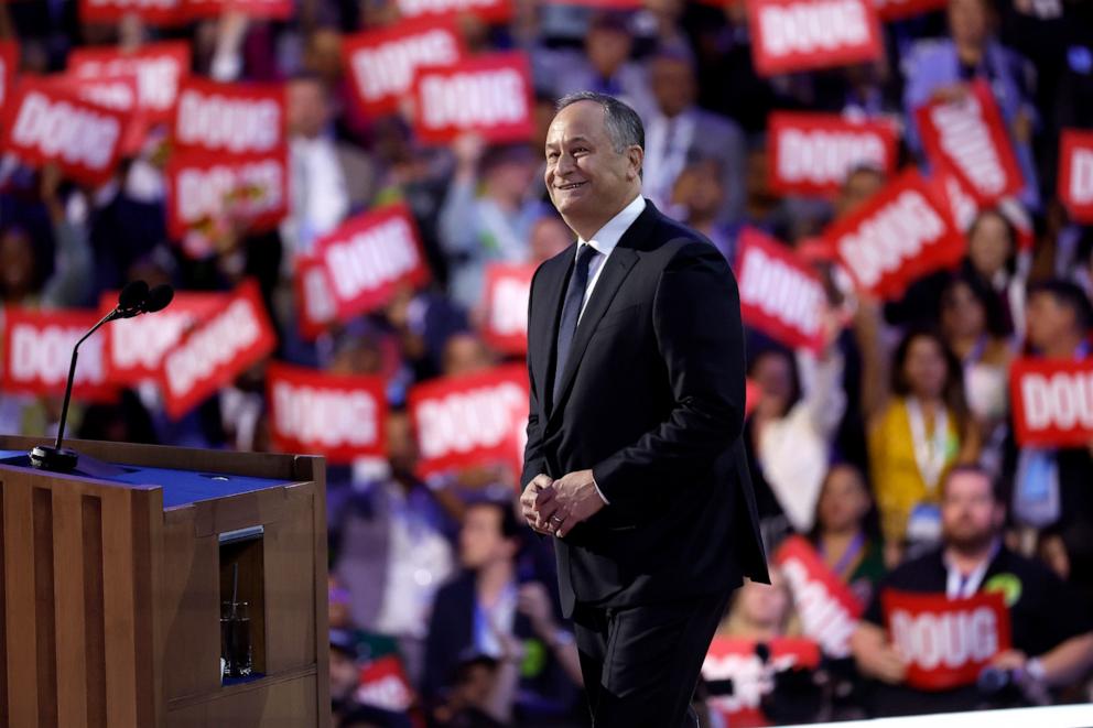 PHOTO: Second gentleman Doug Emhoff arrives to speak on stage during the second day of the Democratic National Convention, Aug. 20, 2024, in Chicago.